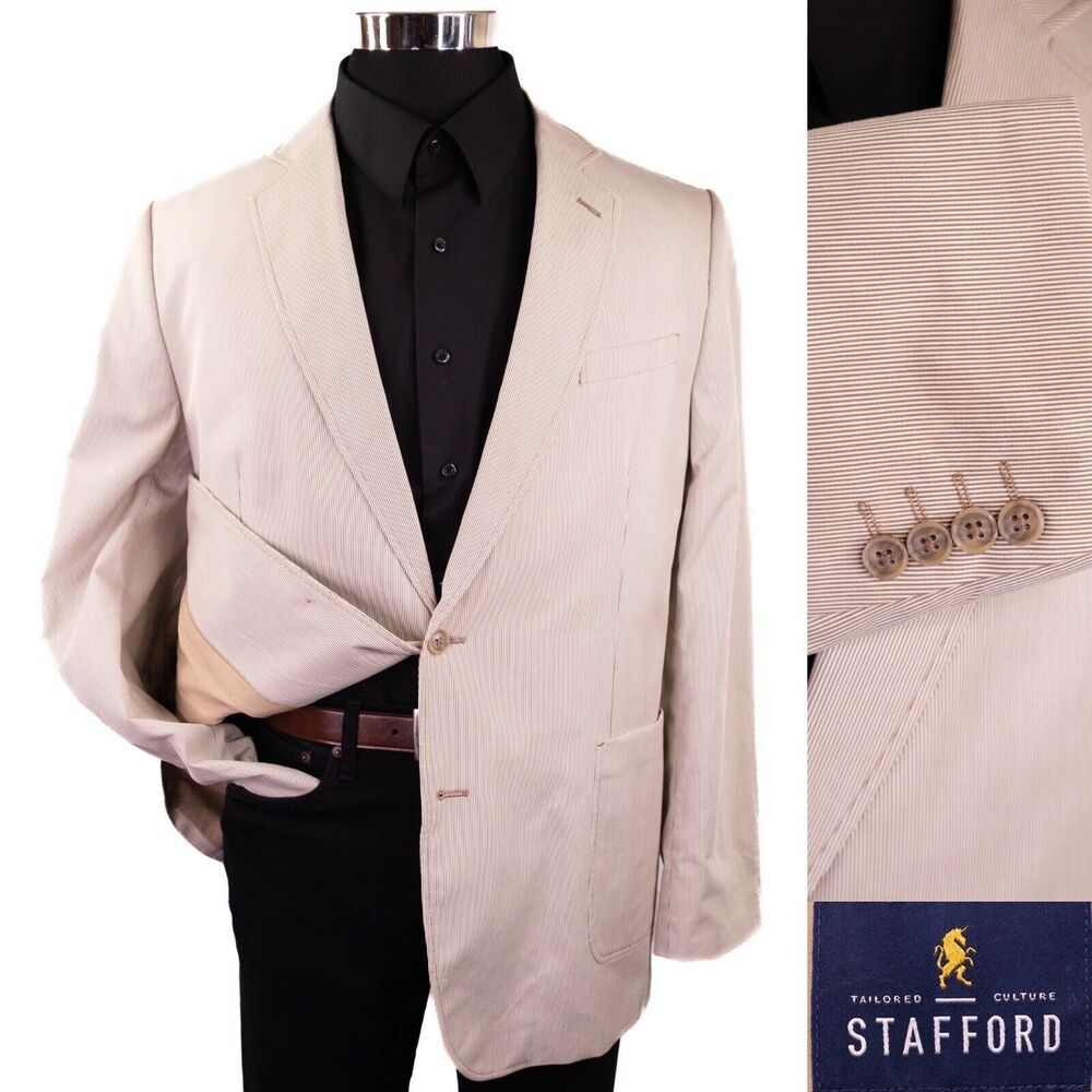 SUMMER Stafford Men's Sz 46 XL Classic Fit Beige Striped Cotton Blazer 2 Button
